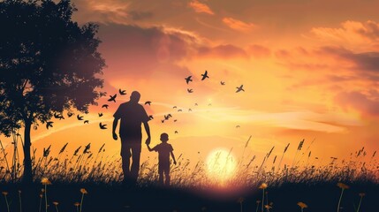 silhouettes of father and child looking into the distance. Father's day flat illustration