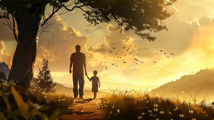 silhouettes of father and child looking into the distance. Father's day flat illustration