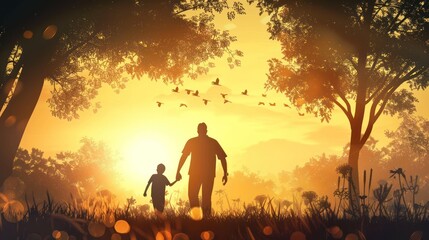 silhouettes of father and child looking into the distance. Father's day flat illustration