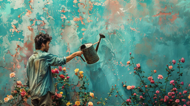 A man holding a watering can in front of a colorful painted wall. Perfect for gardening or renovation concepts