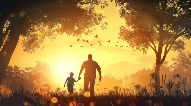 silhouettes of father and child looking into the distance. Father's day flat illustration