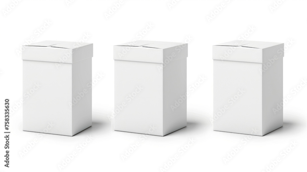 Poster Three empty white boxes on a white surface. Suitable for product display