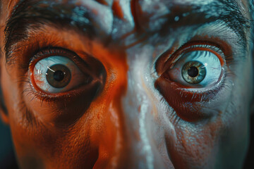 Close up of a man's eyes with a red glow, suitable for horror or mystery themes
