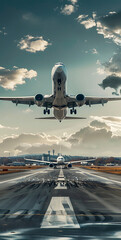 A photo of an airplane taking off from the runway, with a clear sky in background. The plane is...