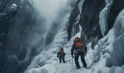 Rope team climbers dressed in climbing clothes,safety harnesses under frozen vertical waterfall icefall during high mountanaring ascending mount peak. Active people and sports activities concept image - obrazy, fototapety, plakaty