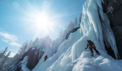 Ice climbers dressed in climbing clothes, safety harnesses and helmet climb under frozen vertical waterfall icefall before sunset beautiful hour. Active people and sports activities concept image