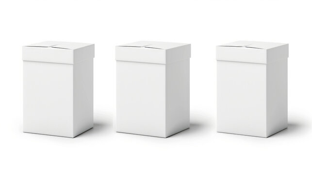 Three empty white boxes on a white surface. Suitable for product display