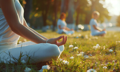 Close up photo of yoga adept's graceful palm while she meditates in park with group doing breathing exercises. Active people, Oriental practices in common life, relaxing or mental health concept image