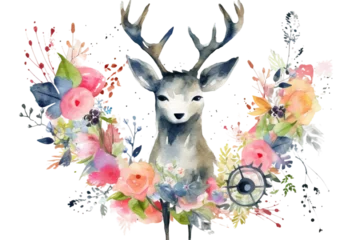 Foto op Aluminium illustration animals print white bird spring character celebration watercolor frame data party set bounquet deer birthday forest design art geometric drawing background flowers color bounquet © akk png