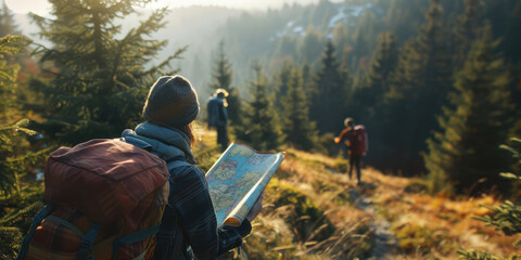 A couple of people hiking up a hill with a map. Perfect for outdoor and adventure concepts - obrazy, fototapety, plakaty