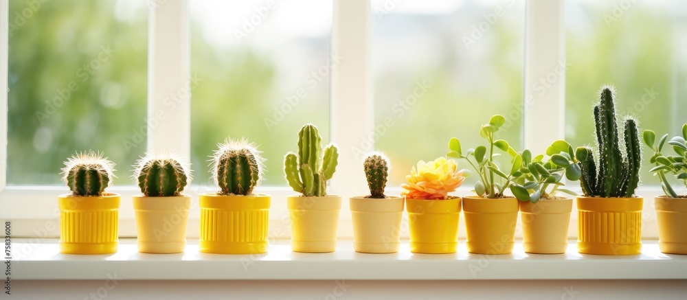 Poster a row of potted cacti lined up on a windowsill, adding a touch of green to the room with their uniqu