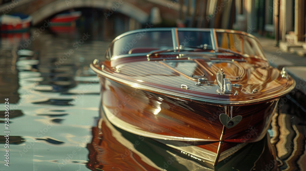 Poster a wooden boat docked in a canal with a bridge in the background. suitable for travel and transportat