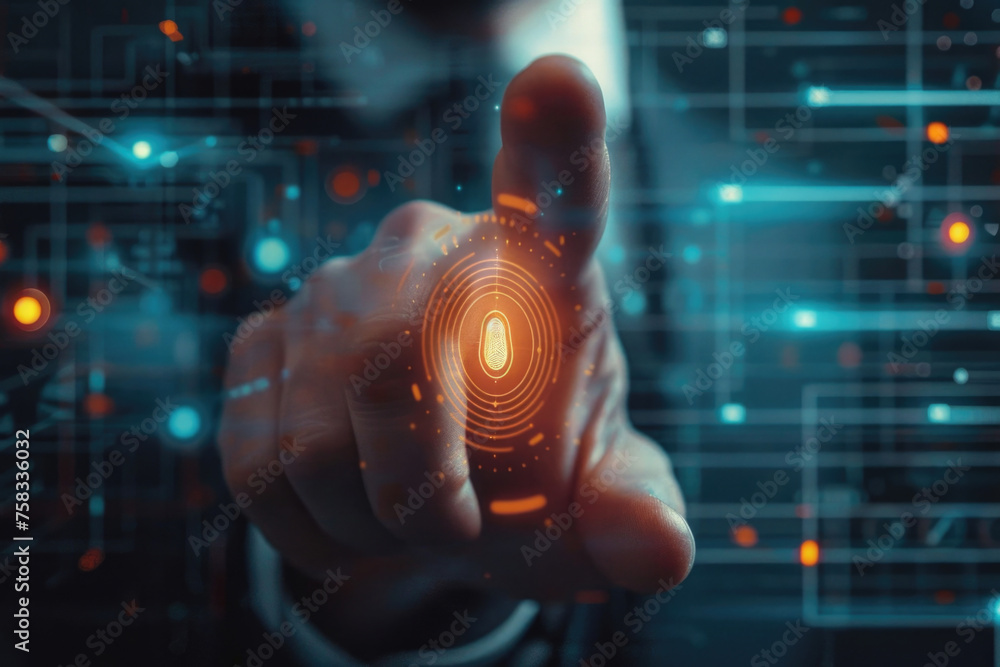 Poster man holding up finger with visible fingerprint for identification purposes