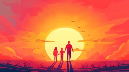 Parents hold the Child's hands and look at the Sunset. Flat illustration with Copy Space