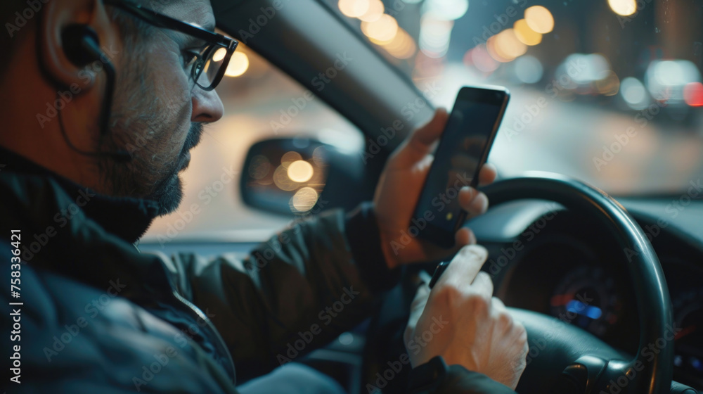Poster a man sitting in a car using a cell phone. suitable for technology and transportation concepts