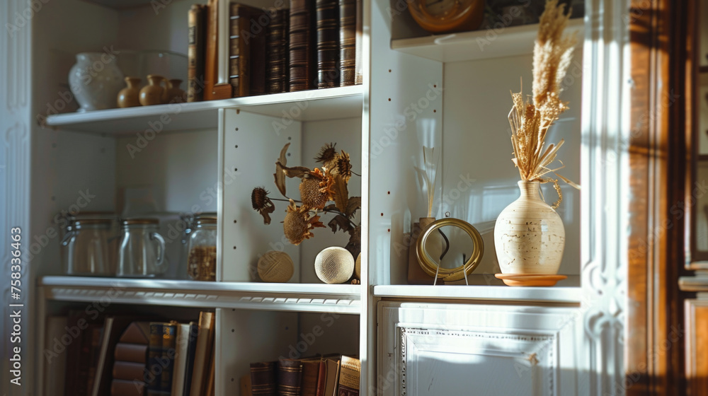 Aufkleber A bookshelf filled with various books and decorative vases. Suitable for interior design concepts