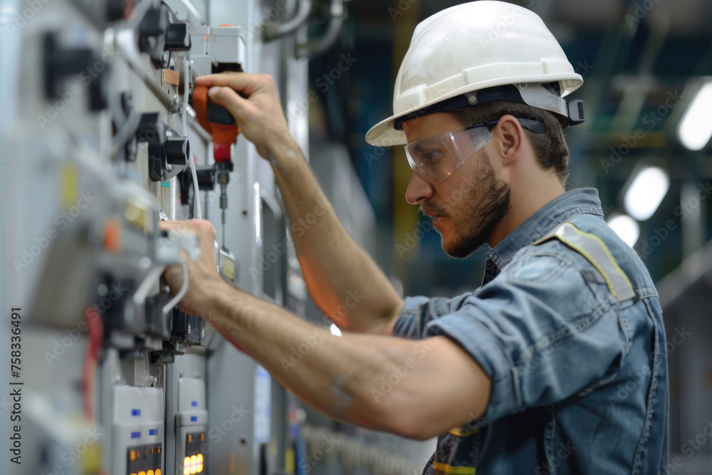 Poster a man in a hard hat working on a machine. suitable for industrial concepts