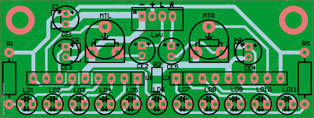 Poster vector printed circuit board of an electronic device with components of radio elements, conductors, 