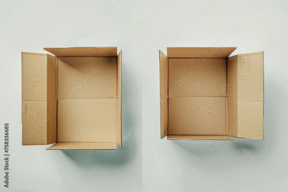 Poster Two open cardboard boxes on a white surface. Suitable for packaging and delivery concepts