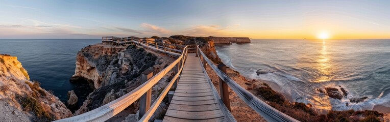 A wooden boardwalk leading to the panoramic views over sea and cliffs at sunset Generative AI