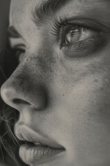 Naklejka premium Close-up of a woman's face in black and white, suitable for various projects