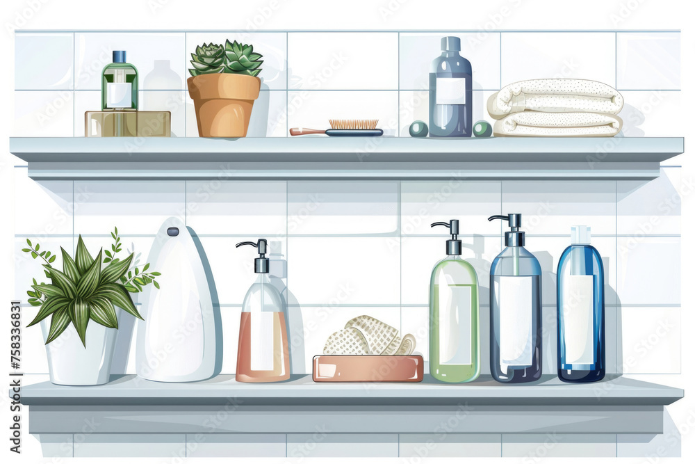 Poster a cluttered bathroom shelf with various bottles and soaps. ideal for hygiene product advertisements