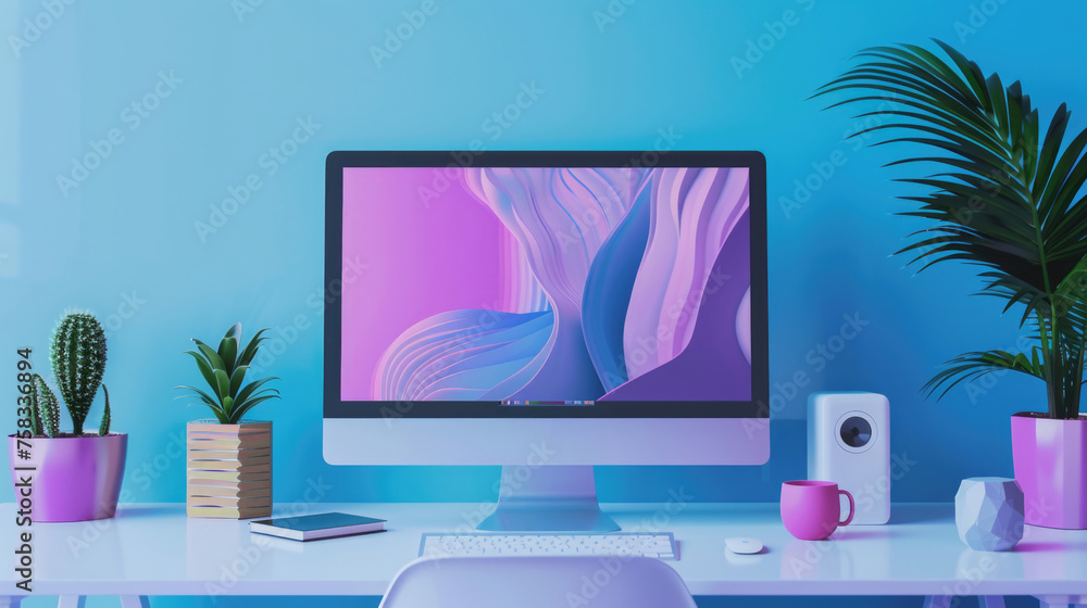 Poster a modern desktop computer on a white desk, suitable for office or technology concepts