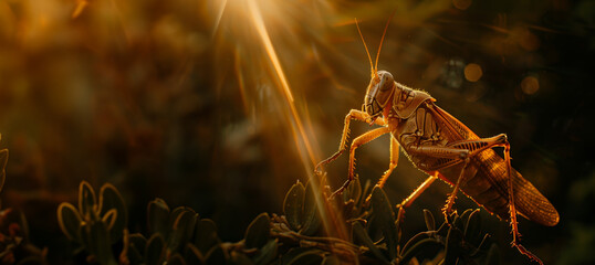 grasshopper at sunset with copy space - obrazy, fototapety, plakaty