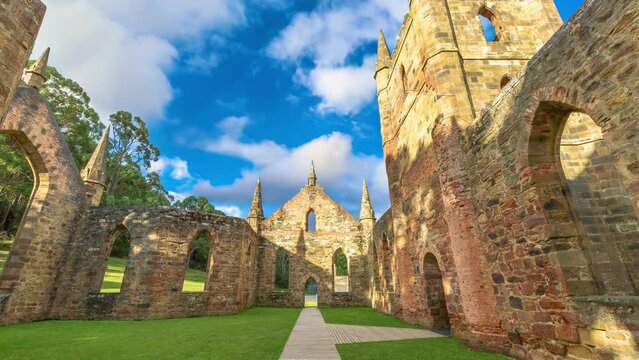 Ruins of the Church Convict of Port Arthur Historic Site, Tasmania, Australia. Port Arthur is one of Australia's most significant heritage areas and an open-air museum. Cinemagraph.