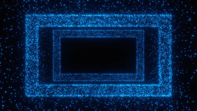Blue digital neon particles rectangle tunnel loop animation