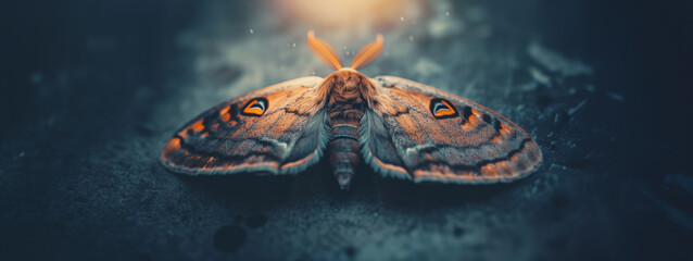 beautiful moth on a dark background with copy space - obrazy, fototapety, plakaty