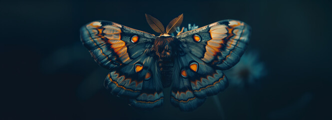 beautiful moth on a dark background with copy space - obrazy, fototapety, plakaty