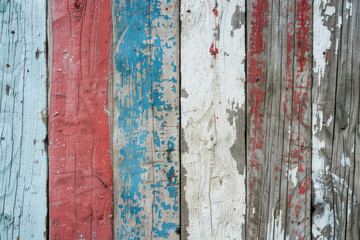 Close-up of a weathered wooden wall with peeling paint. Suitable for backgrounds or texture designs