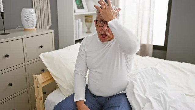 Middle-aged grey-haired man in pyjamas, hand on head in frustration in bedroom, realizing a foolish mistake. memory error, forgot something critical on bed