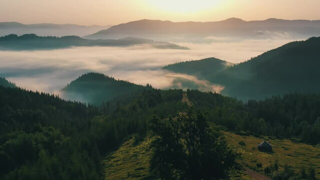 Beautiful sunrise in the mountains covered with fog, beautiful mountain nature. Morning in the mountains, the sun rises behind the misty mountains, an SUV drives along the road
