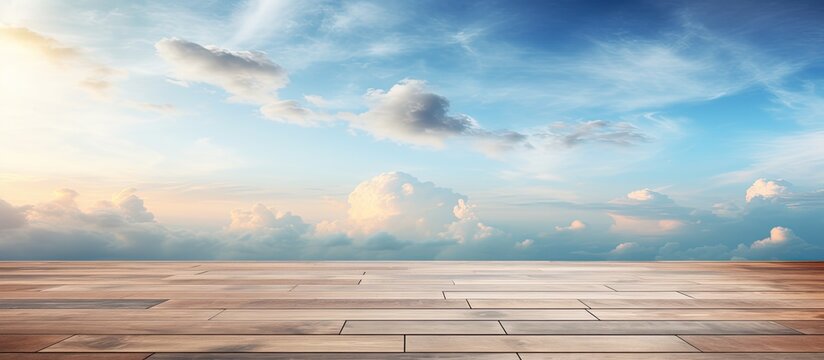 A wooden table sitting beneath a cloudy sky, with the atmosphere filled with cumulus clouds and a hint of dusk on the horizon