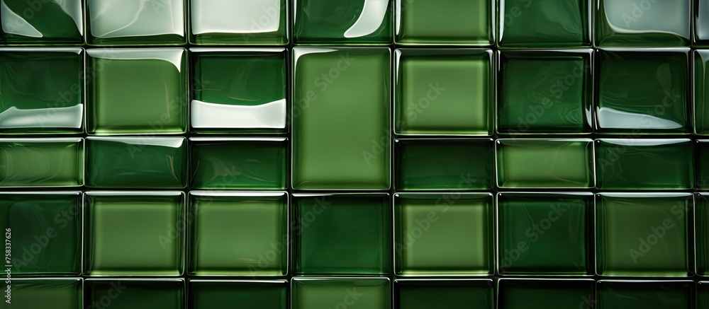 Poster an intricate pattern of green rectangles forms a symmetrical wall with tints and shades, accented by