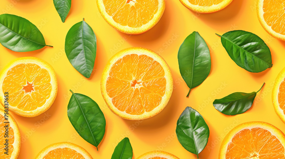 Poster fresh oranges with green leaves on a vibrant yellow backdrop. ideal for food and beverage concepts