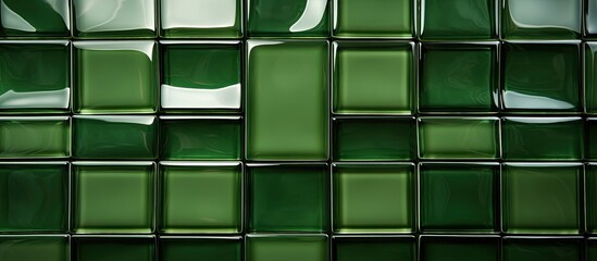 Fototapeta na wymiar An intricate pattern of green rectangles forms a symmetrical wall with tints and shades, accented by electric blue glass, metal, and composite materials, creating a stunning piece of art