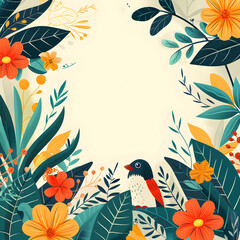 Fototapeta premium A flat geometric and linear style design in bright colors, featuring decorative flowers, leaves, and a bird. Perfect for wedding invitations and other event-related graphic design.