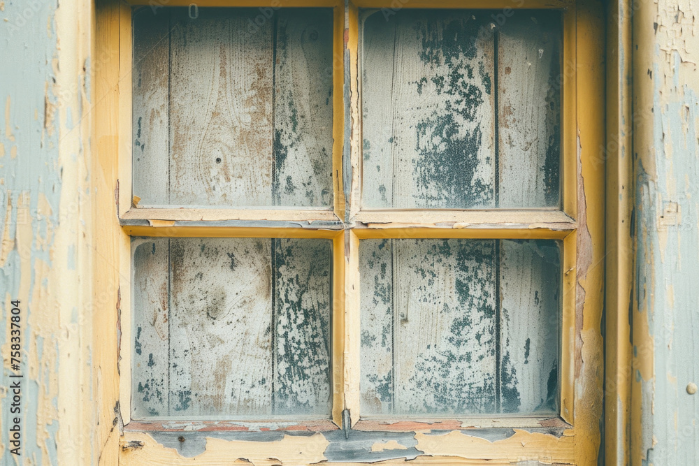 Poster a weathered old window with peeling paint. ideal for architectural and renovation concepts