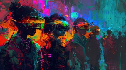 A group of people wearing virtual reality headsets. The background is a colorful, abstract, and futuristic cityscape. The people are standing in a row, and their silhouettes are visible against the vi
