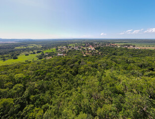 Aerial landscape of village of Bom Jardim during summer in Nobres countryside of Mato Grosso