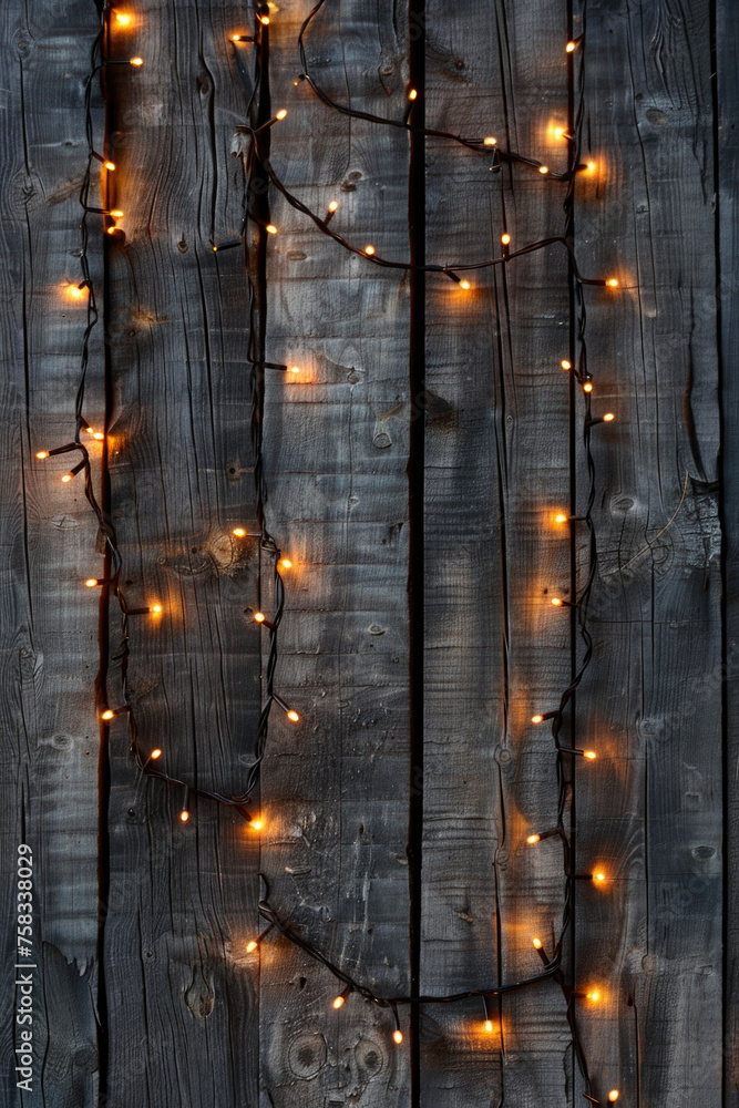 Poster close up of decorative string lights on a wooden wall. perfect for adding a cozy atmosphere to any s