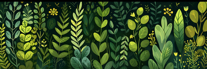 A stylized illustration of forest plants, rendered in the rich and vibrant medium of gouache paint