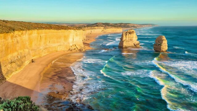 Panorama of Gibson Steps by the Twelve Apostles in Port Campbell National Park on the Great Ocean Road, Victoria state, Australia.