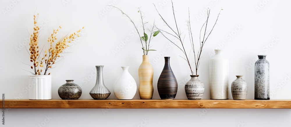 Poster A hardwood shelf displaying a collection of glass vases and bottles. The vases act as artifacts while the shelf serves as serveware for these drinkware items