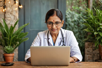 Portrait of senior Indian female doctor working on laptop at cozy rustic home setting, professional woman providing health care consultations service online, copy space for text