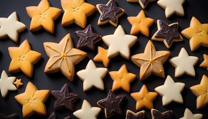Multitude of star shaped cookies, different toppings, icing and colors, 