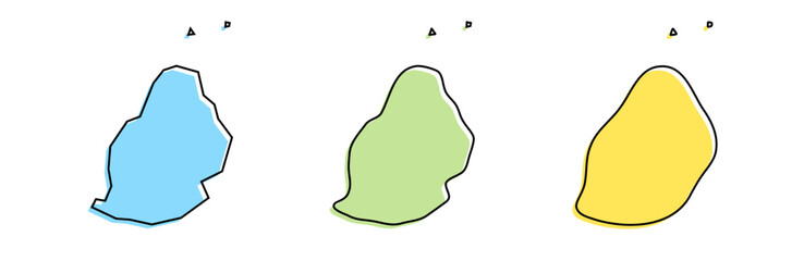 Mauritius country black outline and colored country silhouettes in three different levels of smoothness. Simplified maps. Vector icons isolated on white background.